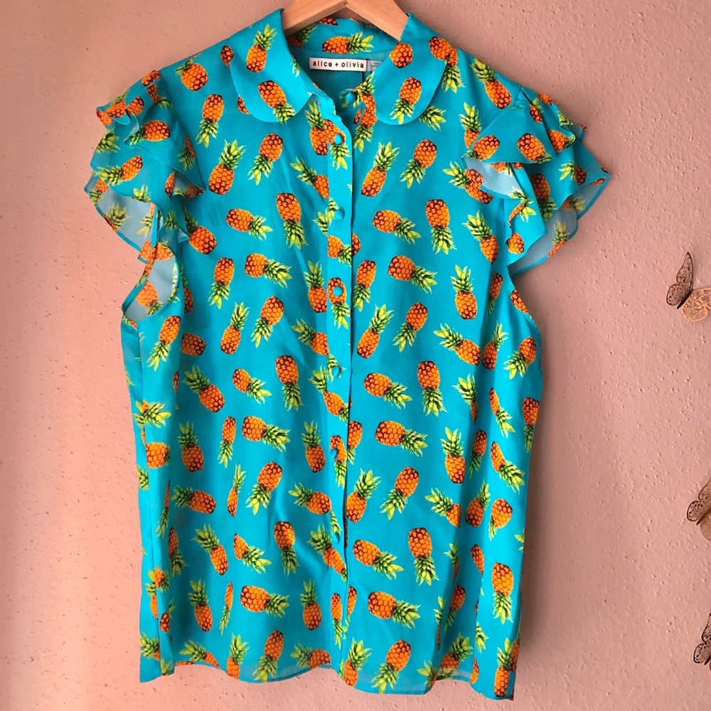 NWT Alice + Olivia Ziggy Pineapple Ruffled Blouse - Picture 3 of 6